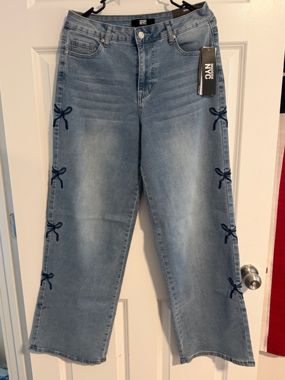 NYC Light Blue Wide-Leg Jeans with Navy Side Bows